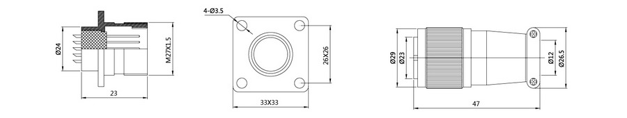 XS24系列12T/19T/26T(屏蔽/非屏蔽)航空插頭插座結(jié)構(gòu)圖
